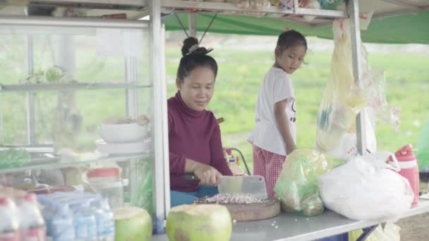 Frau kocht Street Food in einer Straße von Sihanoukville, Kambodscha, Asien — Stockvideo