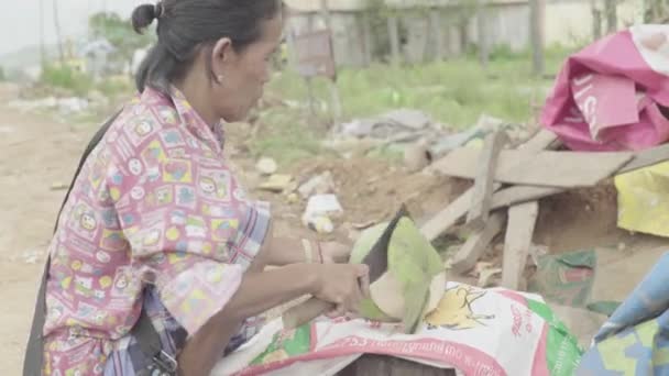 Kobieta siekająca kokosa maczetą. Sihanoukville, Kambodża, Azja — Wideo stockowe