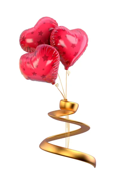 Dia Dos Namorados Balões Vermelhos Wtih Faixa Ouro Isolado Fundo — Fotografia de Stock