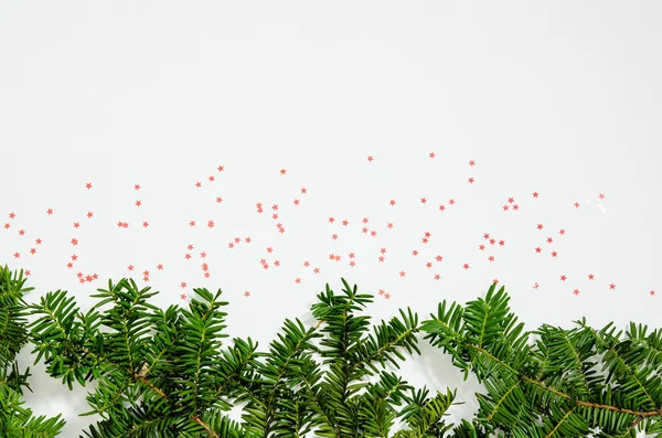 Branches de sapin avec des petites étoiles décoratives rouges de rouge sur un blanc — Photo
