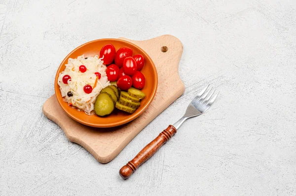 Homemade Fermented Products Plate Wooden Board Sauerkraut Pickled Tomatoes Pickles — Stock Photo, Image
