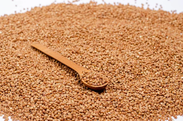 Traditional Ukrainian Dry Unroasted Buckwheat Groats Wooden Spoon Vegans Background — Stock Photo, Image