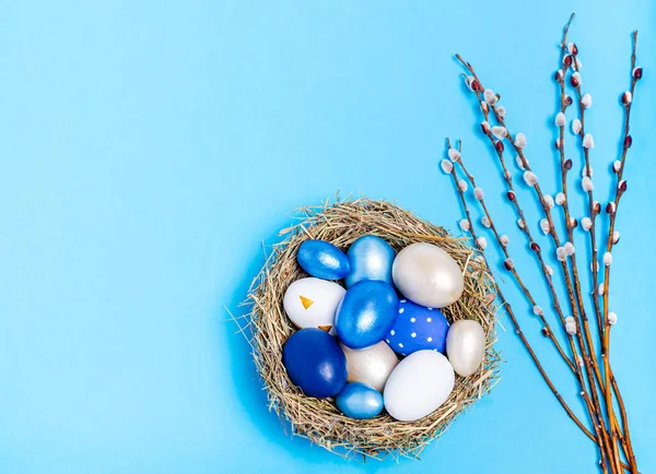 Easter eggs of blue flowers in a decorative nest of straw and pussy-willow branches on a blue background, copy space, flat lay. Place for text. The concept of the holiday, spring. View from above.