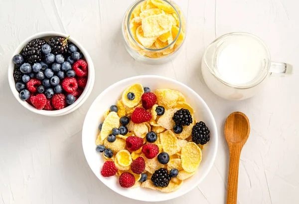 Healthy Breakfast Cornflakes Raspberries Blackberries Blueberries Milk Coffee White Background — Stock Photo, Image