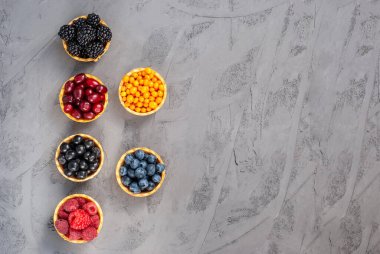 Koyu arkaplanda farklı böğürtlenli kısakabuklu pastadan ev yapımı tartlar. Sağlıklı beslenme, sağlıklı atıştırma. Boşluğu kopyala, metni yerleştir, düzleştir. Yukarıdan görüntüle