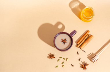 Geleneksel Hint çayı. İçinde malzemeler ve sert gölgeler olan koyu kil bir fincanda Masala çayı. Tarçın, kakule, anason, bal, bej arkaplanda karanfil. Yukarıdan bak. Metin için boşluk kopyala, düz yatay.