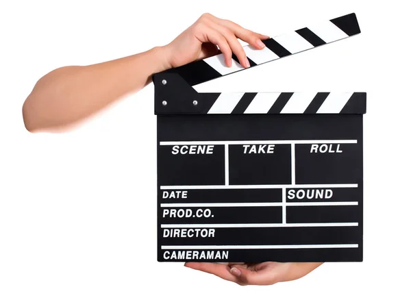 Hands holding a clapper board — Stock Photo, Image