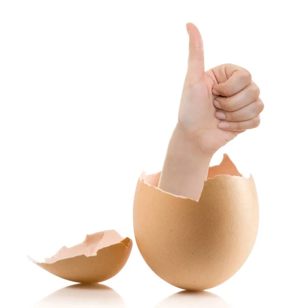 Hand with broken egg isolated on white backround — Stock Photo, Image