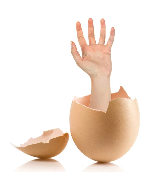 壊れた卵の白い背景で隔離の手 — ストック写真