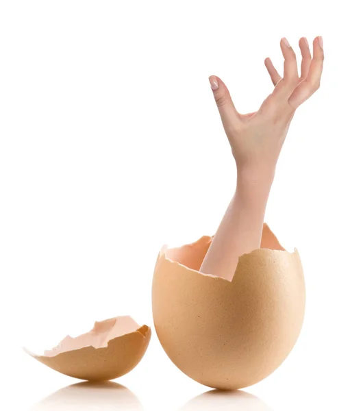 Ręka z złamane jaj na białym tle na białym backround — Zdjęcie stockowe