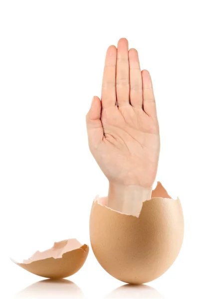 Hand with broken egg isolated on white backround — Stock Photo, Image
