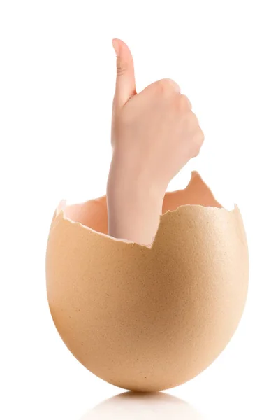 सफेद पृष्ठभूमि पर अलग टूटे हुए अंडे के साथ हाथ — स्टॉक फ़ोटो, इमेज