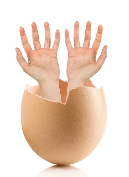 Hand with broken egg isolated on white backround — Stock Photo, Image