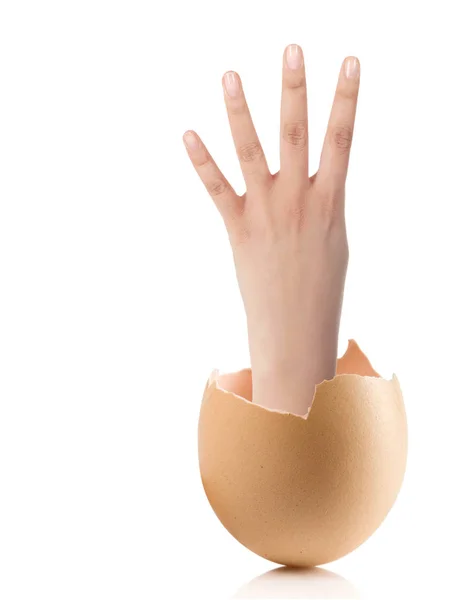 Mano con huevo roto aislado sobre fondo blanco —  Fotos de Stock