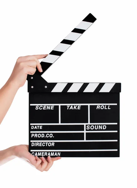 Hands holding a clapper board — Stock Photo, Image