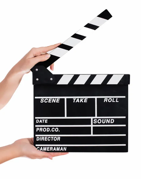 Hands holding a clapper board — Stock Photo, Image