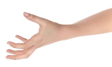 Gergin el beyaz arka plan üzerinde izole kadın. Açık dostum