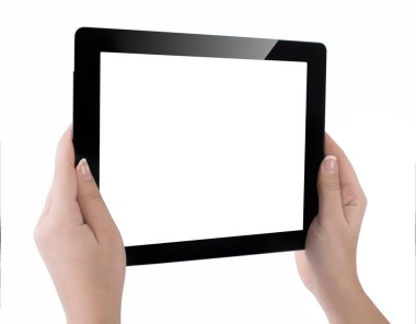 Beyaz ekran tablet bilgisayarınızla tutan el. Eller kadın sh