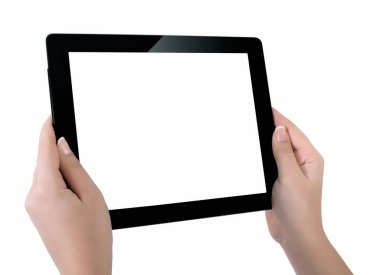 Beyaz ekran tablet bilgisayarınızla tutan el. Eller kadın sh