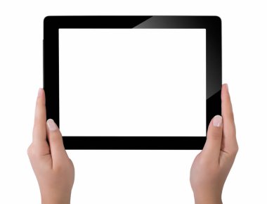 Beyaz ekran tablet bilgisayarınızla tutan el. Eller kadın sh