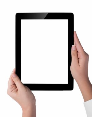 Beyaz ekran tablet bilgisayarınızla tutan el. Eller kadın sh