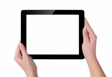 Beyaz ekran tablet bilgisayarınızla tutan el. Eller kadın sh