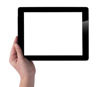 Beyaz ekran tablet bilgisayarınızla tutan el. Eller kadın sh
