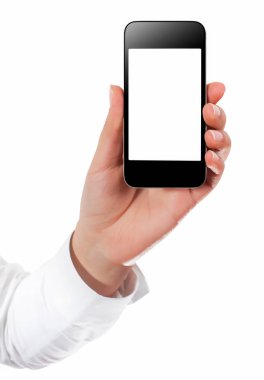 El ile akıllı telefon beyaz perde beyaz arka plan üzerinde izole 