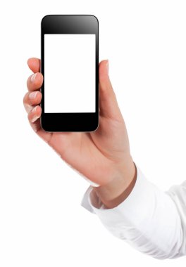 El ile akıllı telefon beyaz perde beyaz arka plan üzerinde izole 