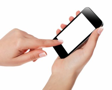 El ile akıllı telefon beyaz perde beyaz arka plan üzerinde izole 