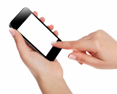 El ile akıllı telefon beyaz perde beyaz arka plan üzerinde izole 