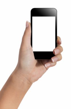 El ile akıllı telefon beyaz perde beyaz arka plan üzerinde izole 