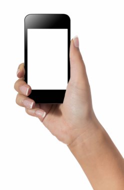 El ile akıllı telefon beyaz perde beyaz arka plan üzerinde izole 