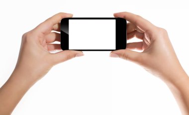 El ile akıllı telefon beyaz perde beyaz arka plan üzerinde izole 