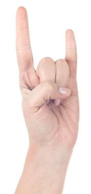 El Rock'n roll işareti gösterir veya üzerinde izole işareti seviyorum