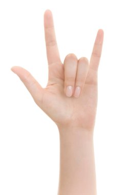 El Rock'n roll işareti gösterir veya üzerinde izole işareti seviyorum