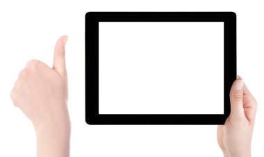 Beyaz ekran tablet bilgisayarınızla tutan el. Eller kadın sh