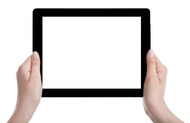 Beyaz ekran tablet bilgisayarınızla tutan el. Eller kadın sh