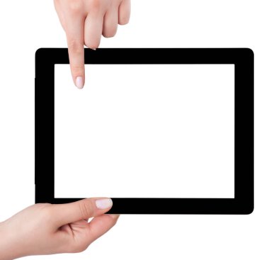 Beyaz ekran tablet bilgisayarınızla tutan el. Eller kadın sh