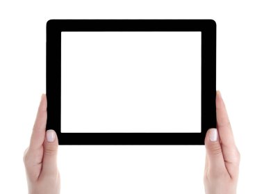 Beyaz ekran tablet bilgisayarınızla tutan el. Eller kadın sh