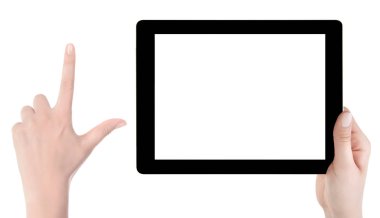 Beyaz ekran tablet bilgisayarınızla tutan el. Eller kadın sh