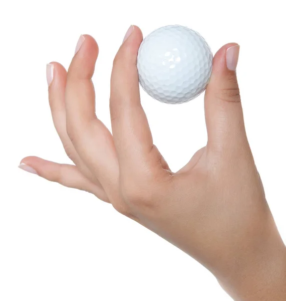 Hand hält einen Ball für Golf ist isoliert auf weißem Hintergrund — Stockfoto