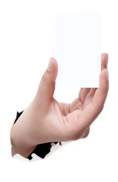 Boş kartvizit tutan bir kadın el closeup çekim izole — Stok fotoğraf