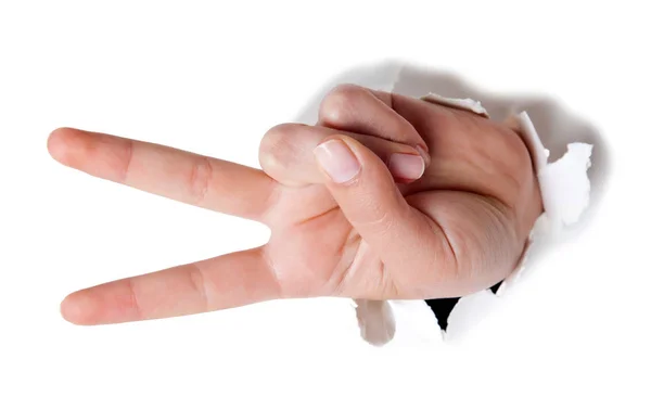 Kéz a mutatja a jele, a győzelem és a béke. Női h közelről — Stock Fotó