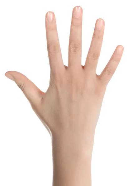 Gergin el beyaz arka plan üzerinde izole kadın. Açık dostum