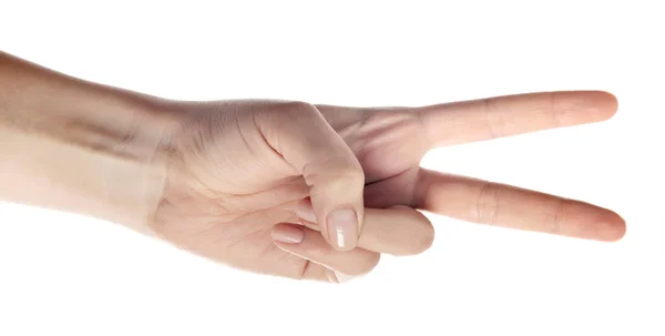 Hand showing the sign of victory and peace. Close up of female h — Stock Photo, Image
