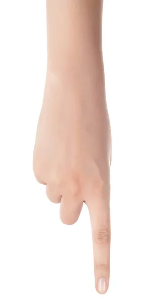 Kobieta ręką skierowaną w górę z palcem wskazującym lub dotknięcie ekranu powrót — Zdjęcie stockowe