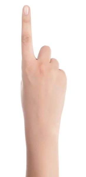 Kvinna hand pekar uppåt med pekfingret eller rör vid skärmen tillbaka — Stockfoto