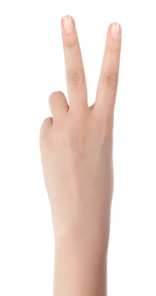 Hand showing the sign of victory and peace. Close up of female h — Stock Photo, Image