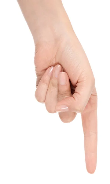 Woman hand pointing up with index finger or touching screen back — Stock Photo, Image